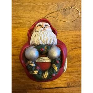 VTG 4" SANTA Figurine Resin Artist Signed WREATH Christmas